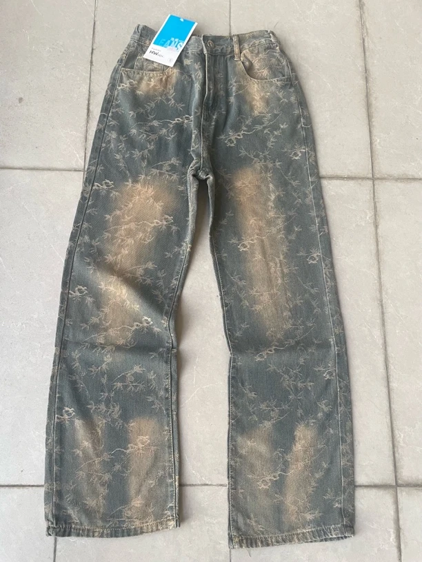 139#复古色美卡德刺绣图S092#松紧腰软牛仔阔腿裤