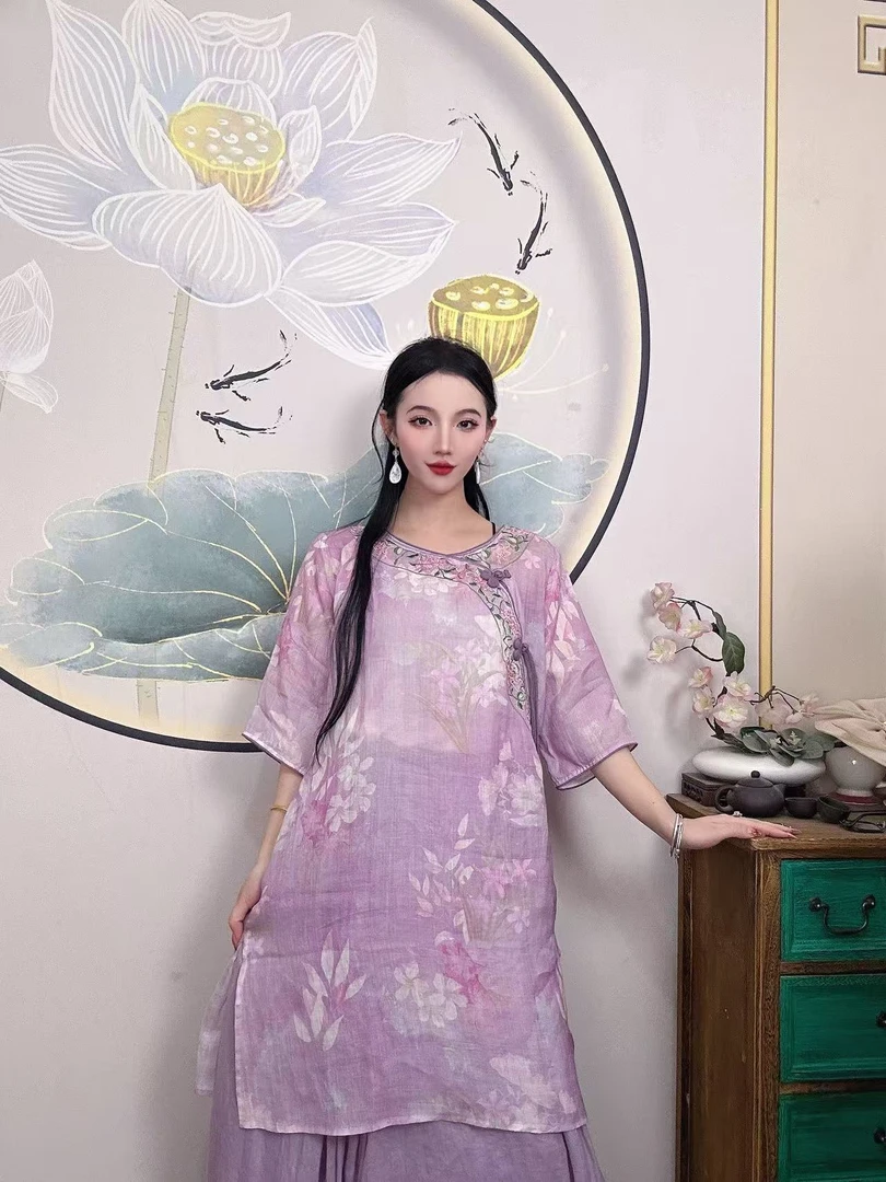 【昙花一现】复古国风纯苎麻印花夏季圆领斜襟盘扣中长款茶服上衣