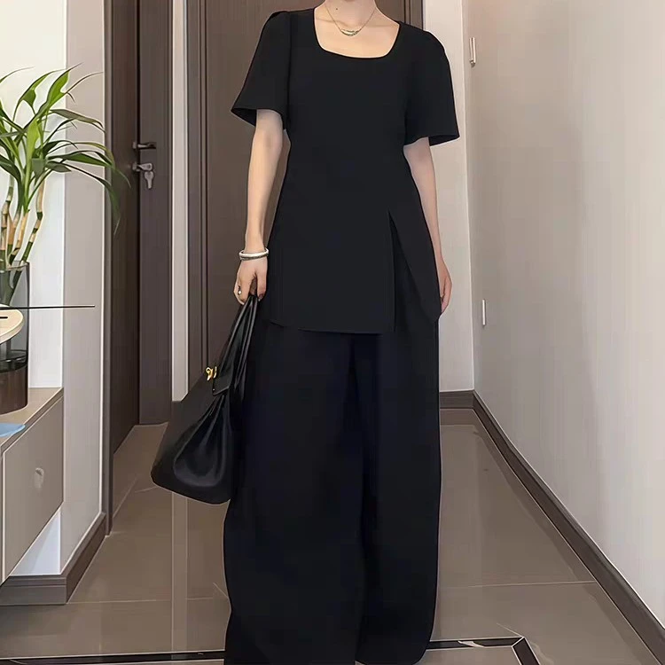 法式气质方领开叉设计感短袖上衣女夏季新款高腰显瘦阔腿裤两件套