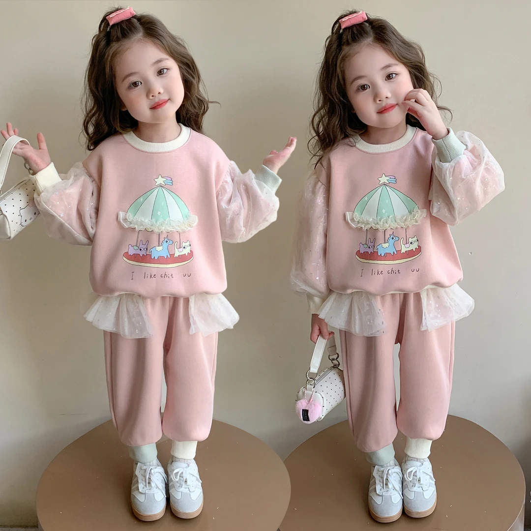 儿童休闲套装春秋款2025新款宝宝网纱卫衣秋装女童洋气时髦两件套