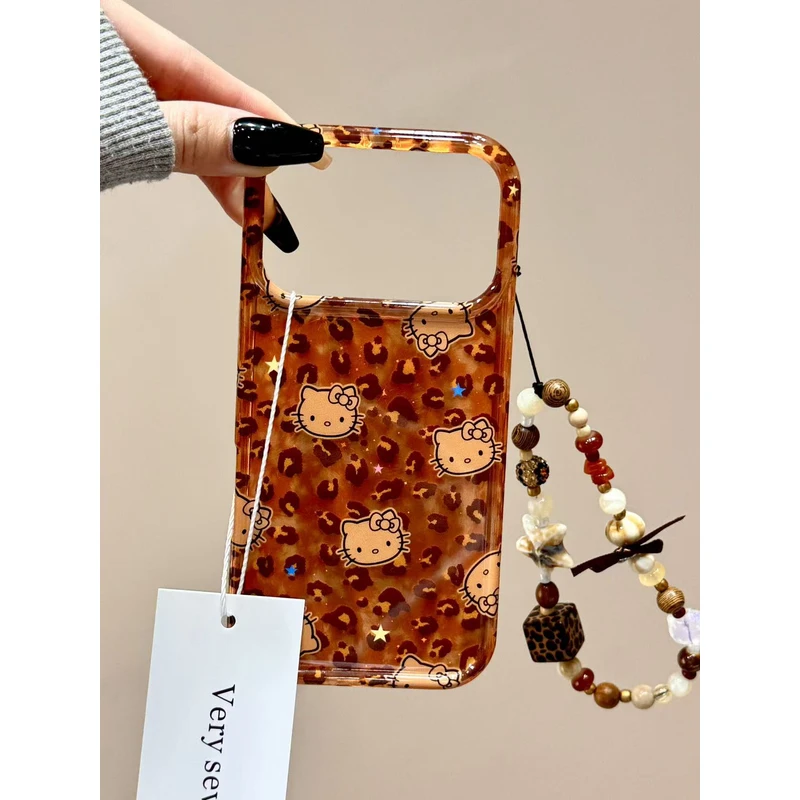 复古可爱涂鸦豹纹黑皮猫咪链条适用苹果17promax手机壳15iphone16