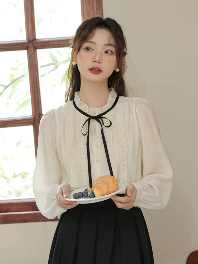 66108 实拍大码女装胖mm超仙法式复古减龄时尚百搭长袖衬衫