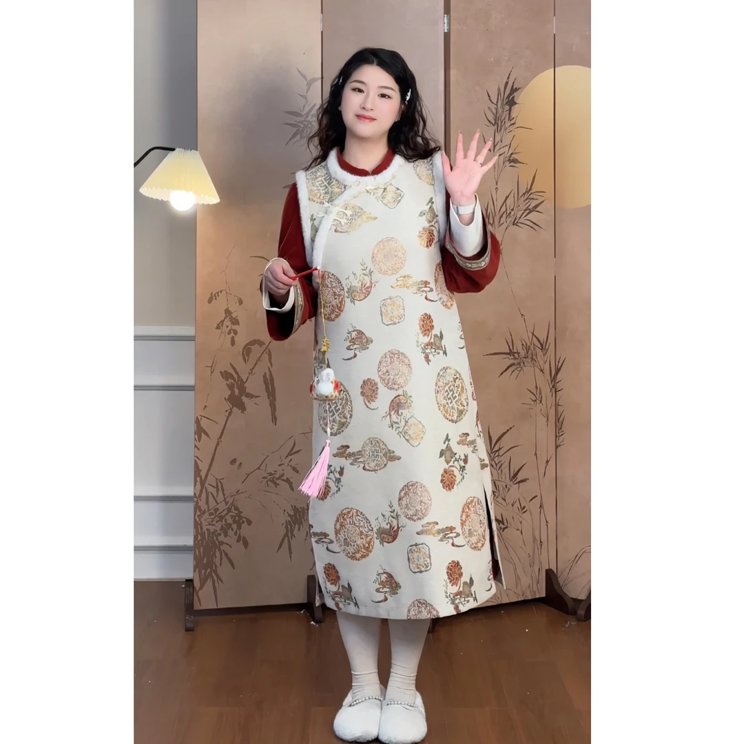 DM15837【暗香雪】复古长马甲精致搭配感古典感绣花织带时尚套装