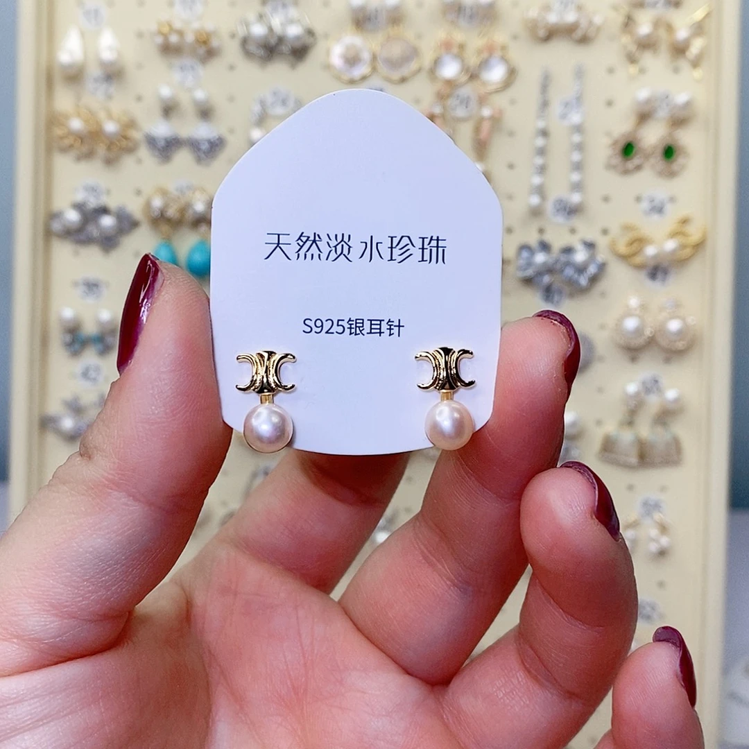 耳饰银S925镶嵌淡水珍珠