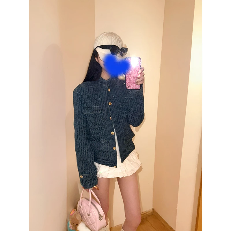 KSKM蓝色牛仔外套女2025春秋新款美式老钱风肌理感超好看立领夹克