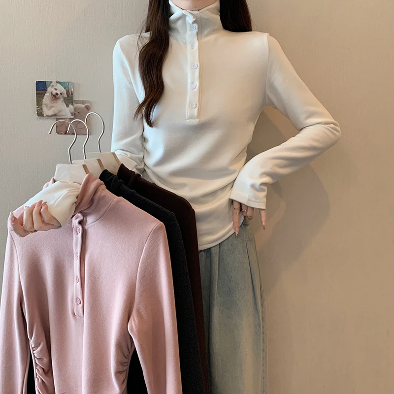 2024秋冬新款胖mm百搭辣妹潮褶皱加厚保暖高领长袖打底衫T恤33366