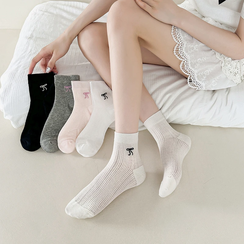 【抗起球】袜子女芭蕾风短款抗起球无骨刺绣蝴蝶结网眼透气棉袜