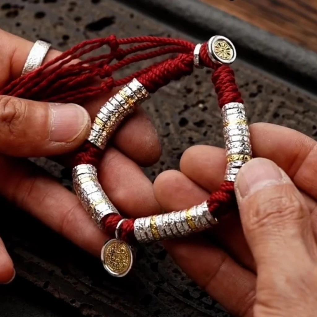 足银银制品 黄财财999足银盘缠纯手工吊坠藏式编织手串民族风文玩