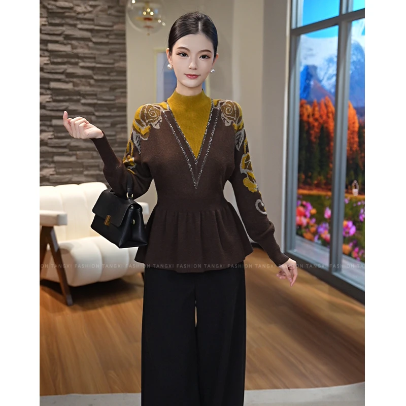 2025秋冬新款【ZM-1050JR】含绵羊毛贵气烫钻拼接显瘦针织内搭毛衣