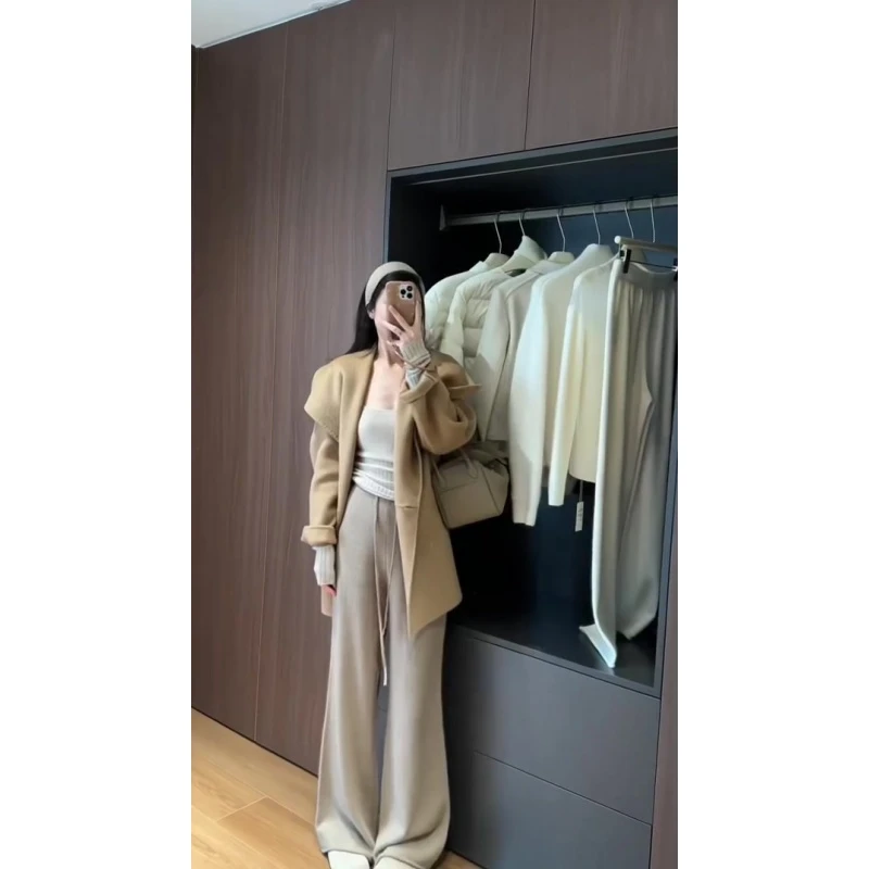 休闲洋气保暖外套秋冬气质百搭收腰显瘦针织衫宽松垂感阔腿裤套装