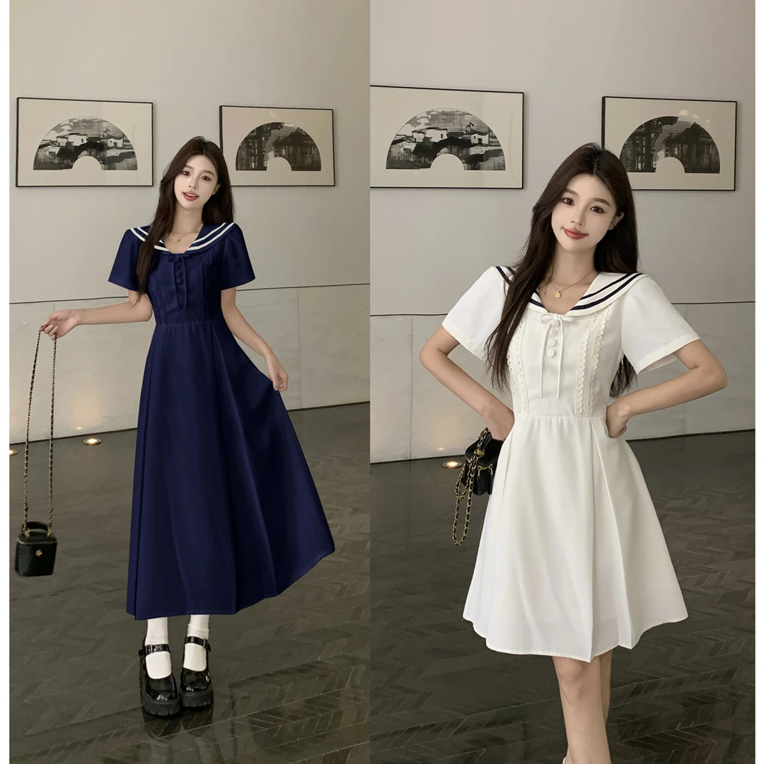 ~韩系蓝色短袖学院风连衣裙白色短袖海军领女夏裙子