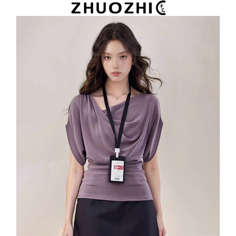 [卓芝]法式欧若风荡领纯色短袖T恤2025夏季新款宽松百搭气质上衣