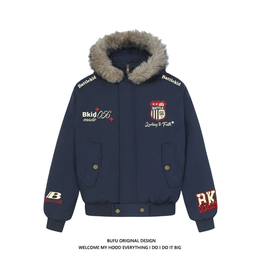 亿万少年BUFU美式复古刺绣徽章毛领座山雕棉衣外套男飞行夹克棉服