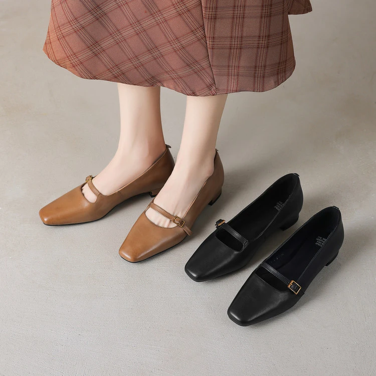 2.5cm~文艺小众一字扣显瘦法式复古方头甜美玛丽珍通勤真皮单鞋女