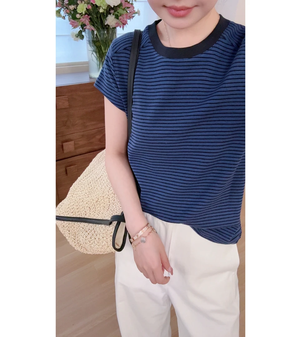 miss muzi “芝士条纹tee”软弹高质感经典条纹显瘦圆领短袖T恤女