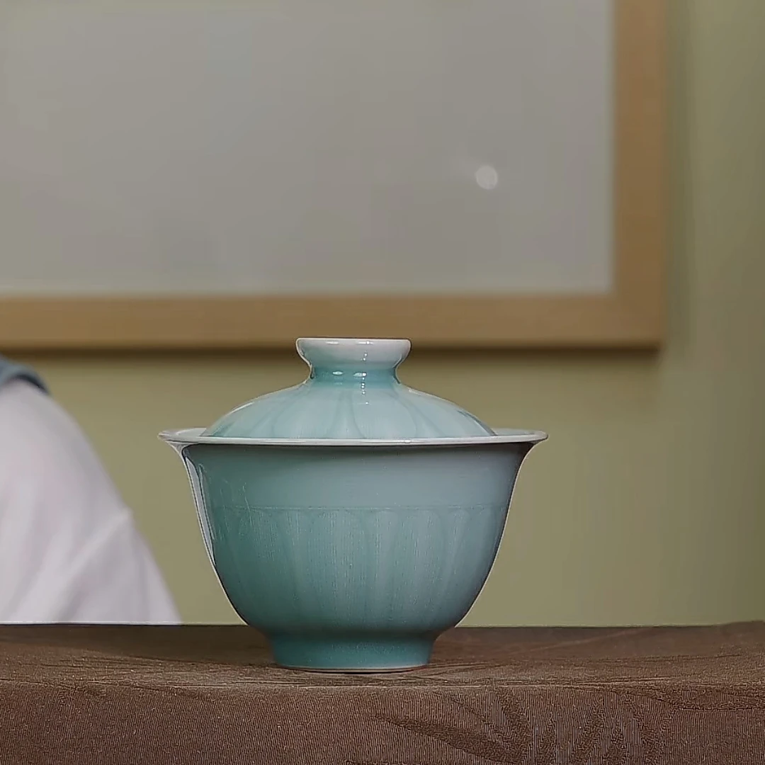 爱莲说薄胎莲瓣盖碗李宇杰龙泉青瓷雕刻精致泡茶碗岩茶专用不烫手
