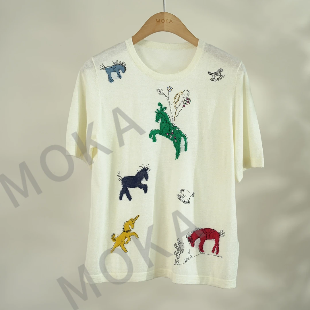 ER鄂尔18针嵌花刺绣压钻精纺圆领宽松短袖（240947）20903