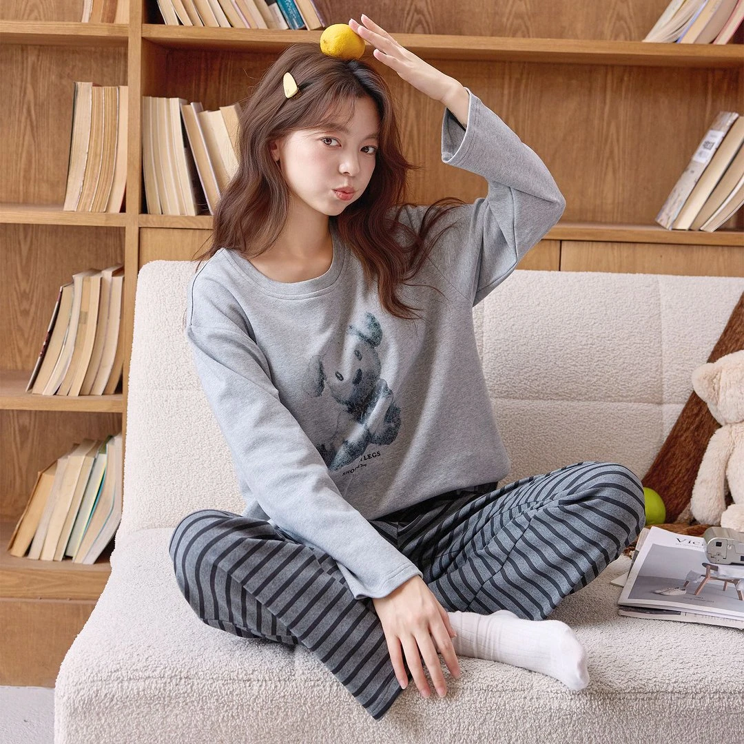 8H6943新款纯棉带胸垫睡衣长袖长裤韩版家居服套装HM