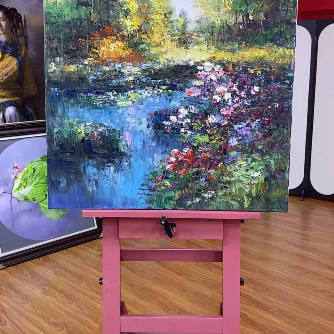 油画梁****道陈梅中90.90油画荷塘