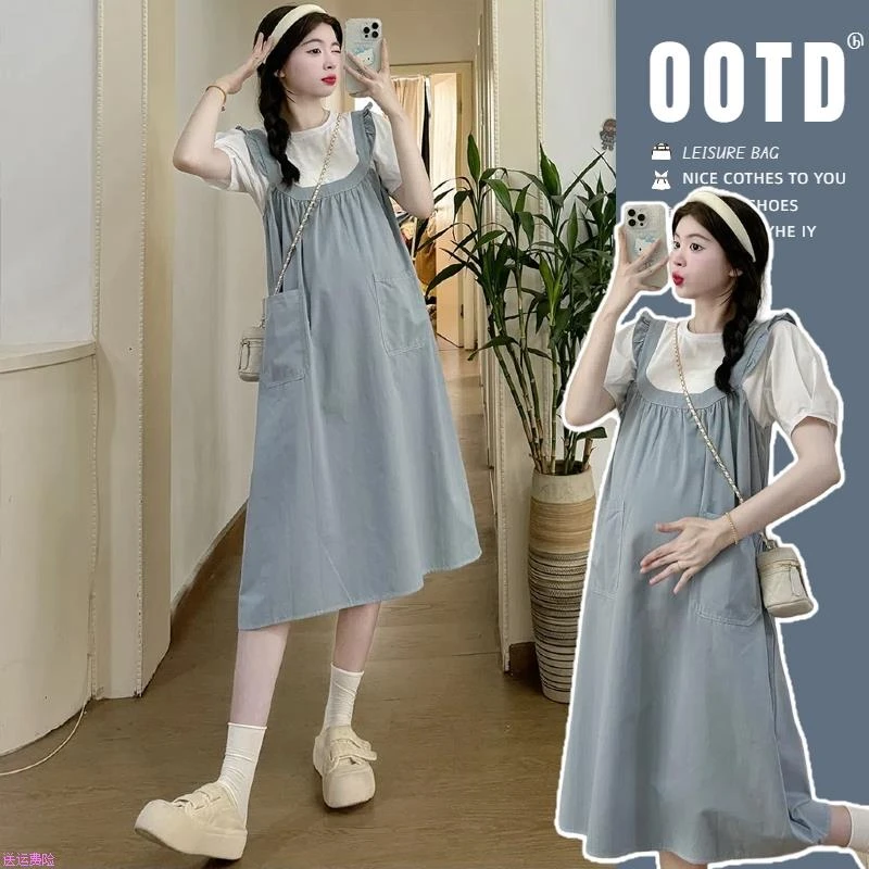 孕妈穿搭~孕妇装夏款小清新木耳边宽松吊带连衣裙泡泡袖上衣套装