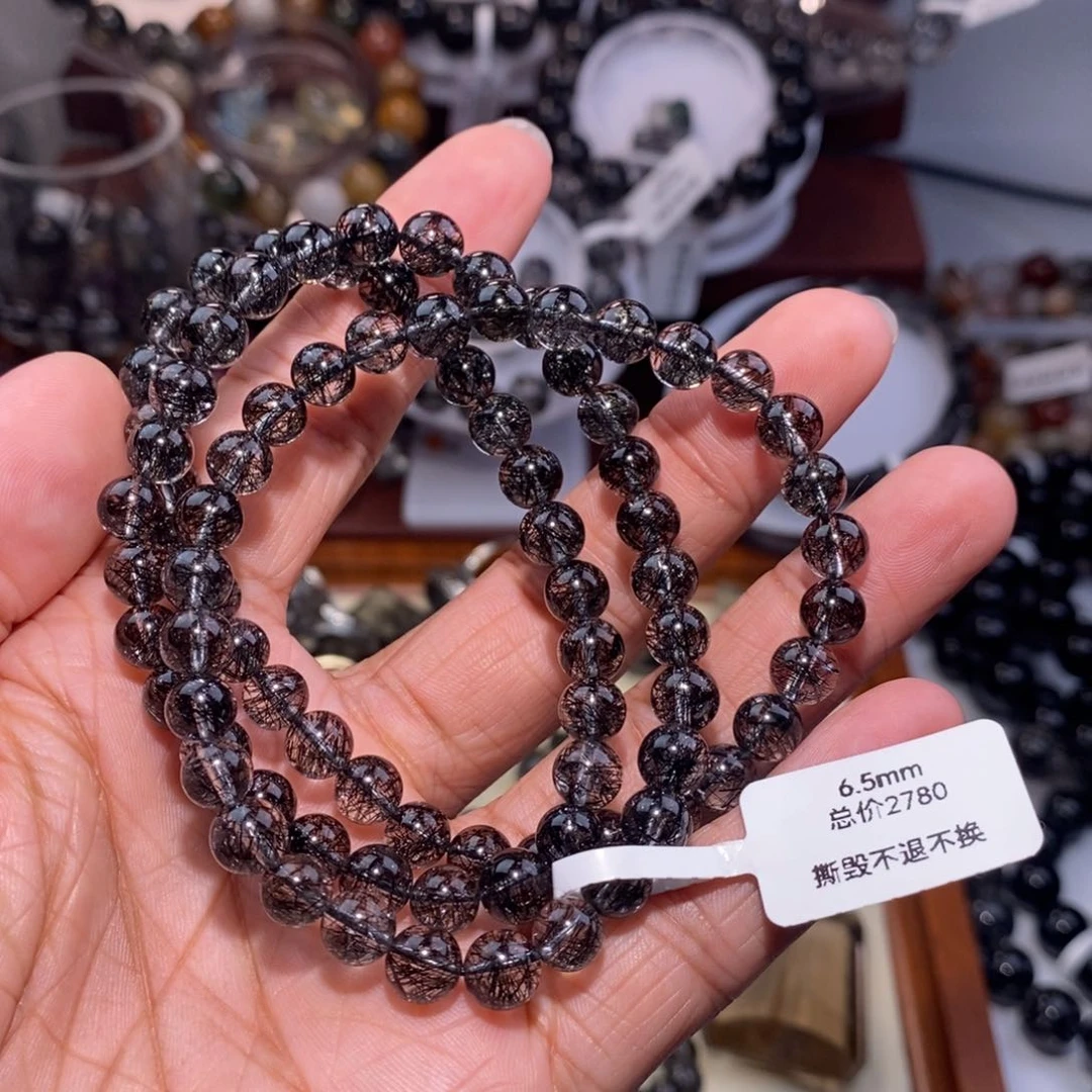 水晶手链未镶嵌Я*黑发晶烟花蕾丝6.5mm全透体三圈