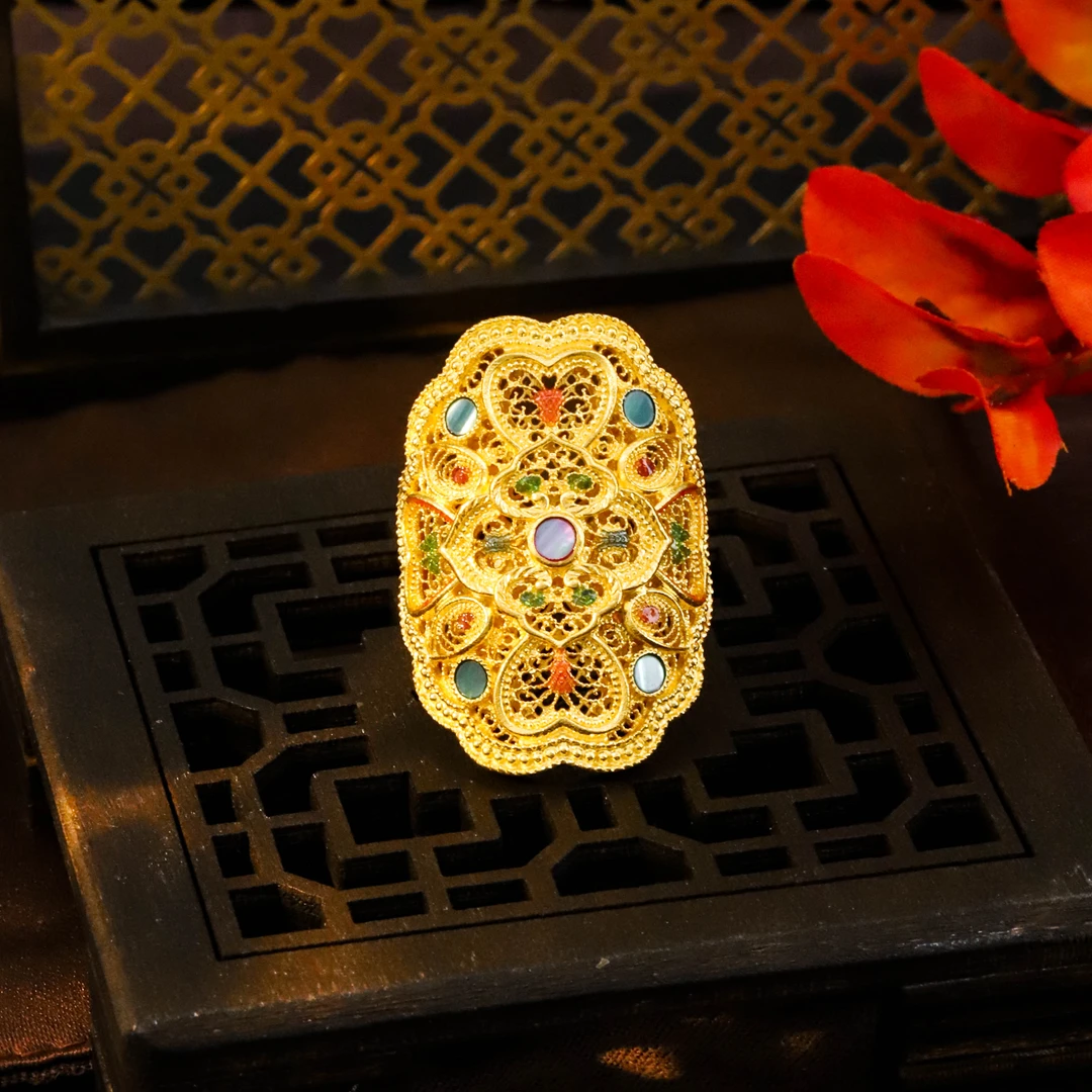 福满圆珠宝1  足金999投资金 水贝古法螺钿花卉花丝戒指