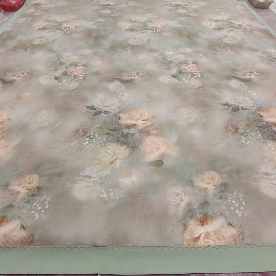 婚庆喜被花开富贵镶边曲折缝床品印花床单绿色