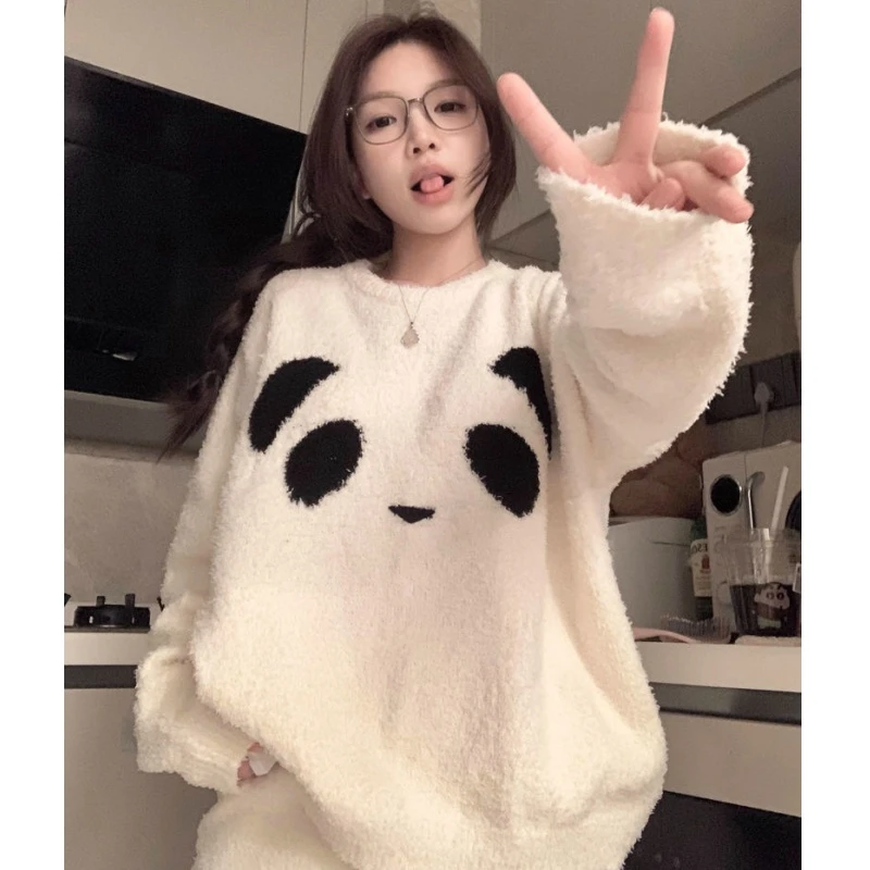 网红ins白色可爱熊猫睡衣女秋冬季半边绒加厚保暖学生家居服套装