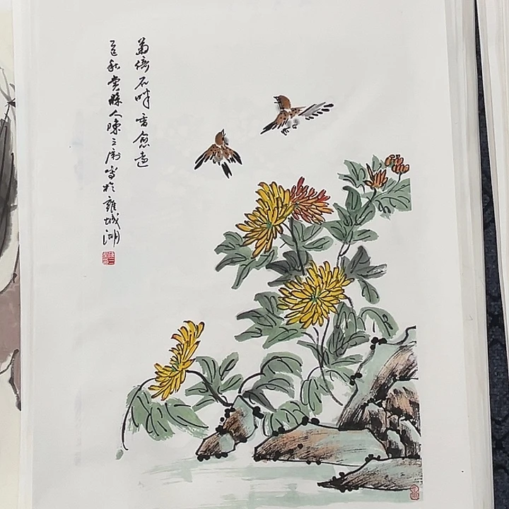 国画四尺三开花鸟m