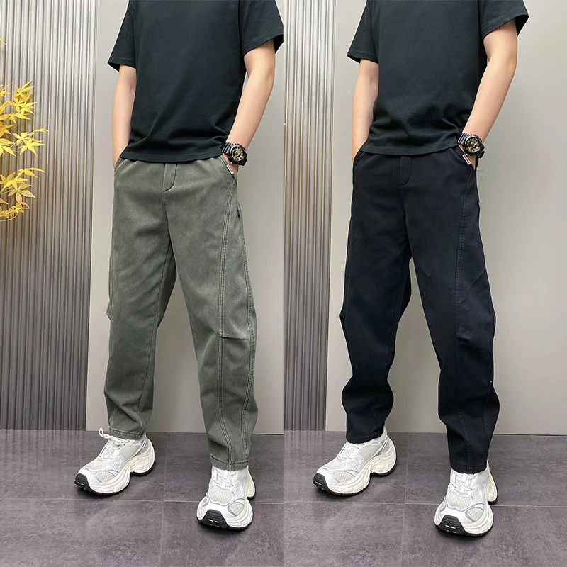 美式复古水洗拼接裁剪直筒休闲裤男士秋冬加绒保暖哈伦老爹长裤子