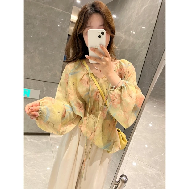 L & L 云云【繁花】韩版宽松前后两穿设计慵懒风防晒花上衣女