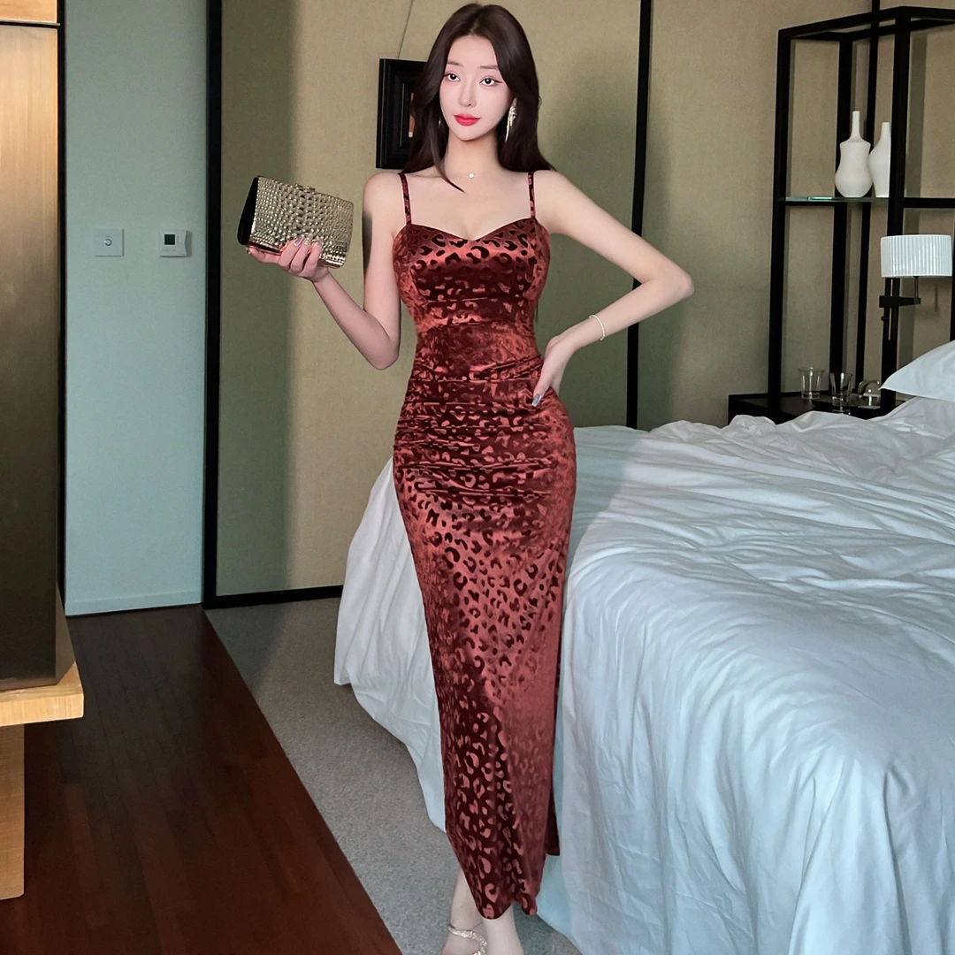 名媛性感低胸吊带金丝绒豹纹连衣裙秋冬开叉长裙夜总店上班工作服