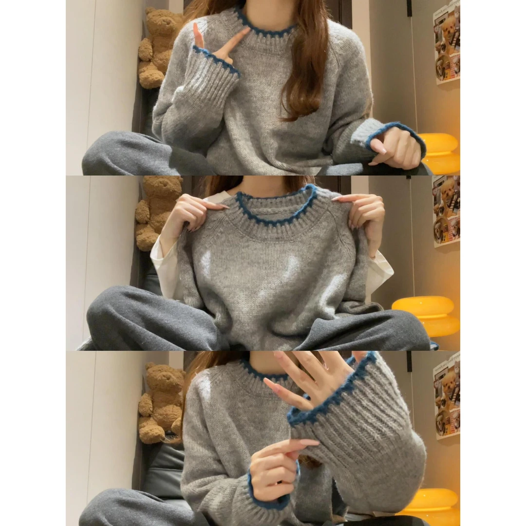 慵懒风高级感宽松灰色毛衣女秋冬季2025年新款内搭打底针织衫上衣