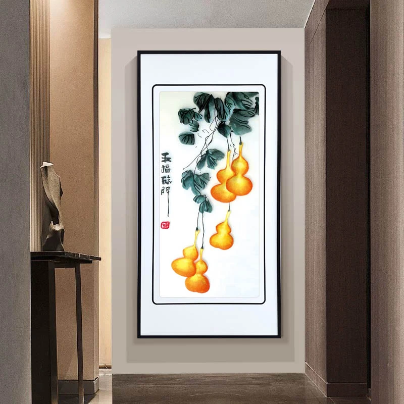 五福临门苏绣精品客厅挂画入户玄关装饰画新中式山水刺绣壁画国风