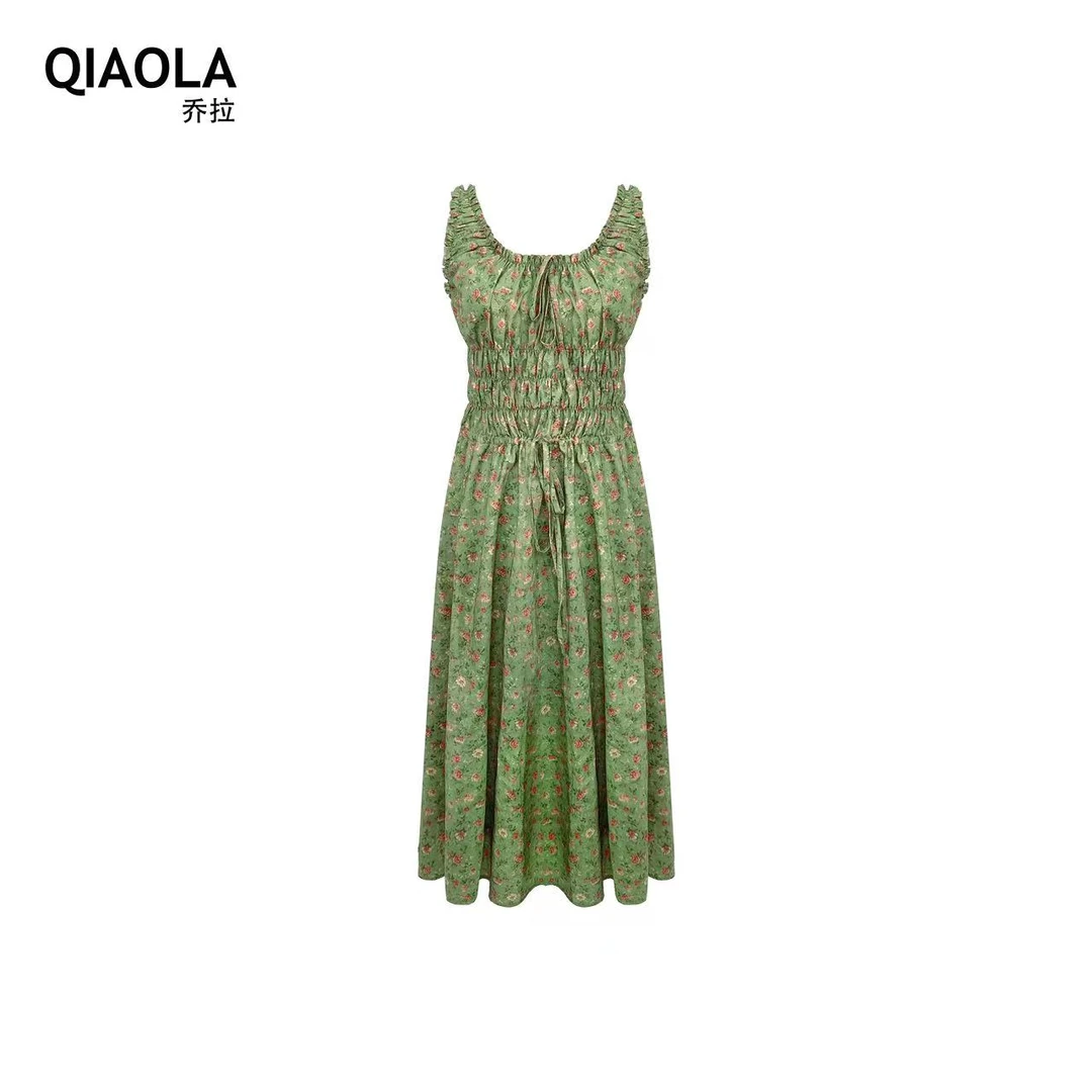 QIAOLA/乔拉【豌豆姑娘】小众设计定制碎花抽绳轻奢减龄中长连衣裙