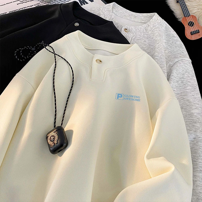 引创大码新款春季2025亨利领设计感印花百搭休闲卫衣男生宽松字母