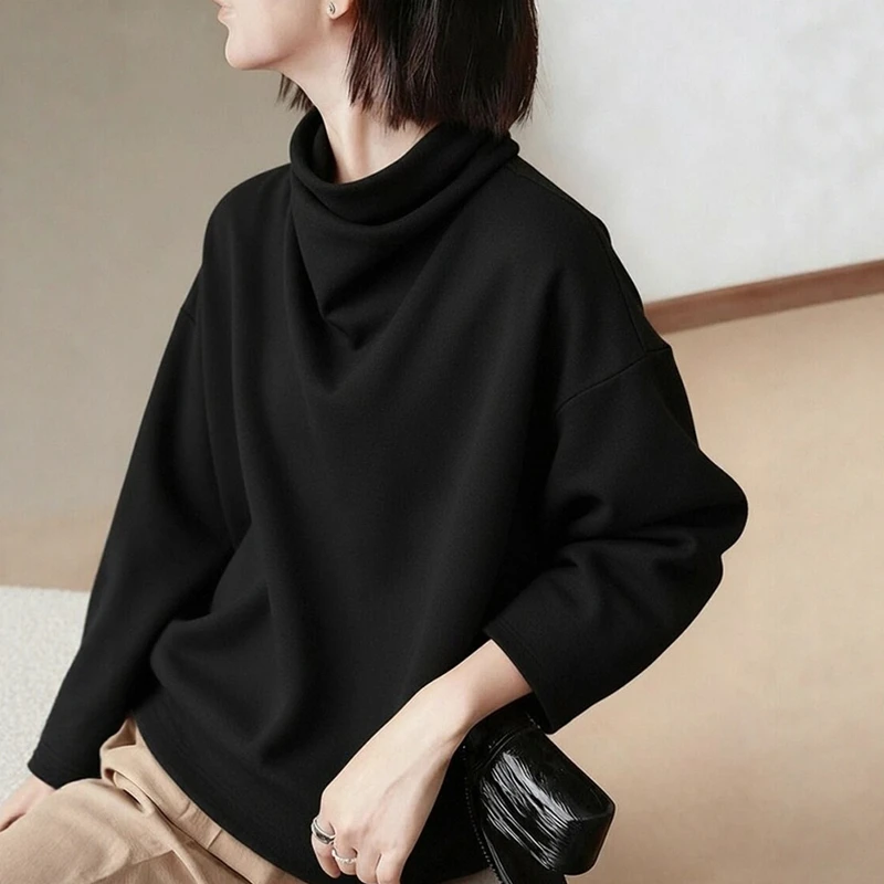 黑色堆堆领磨毛套头长袖T恤内搭打底衫女2025新款高级感宽松上衣