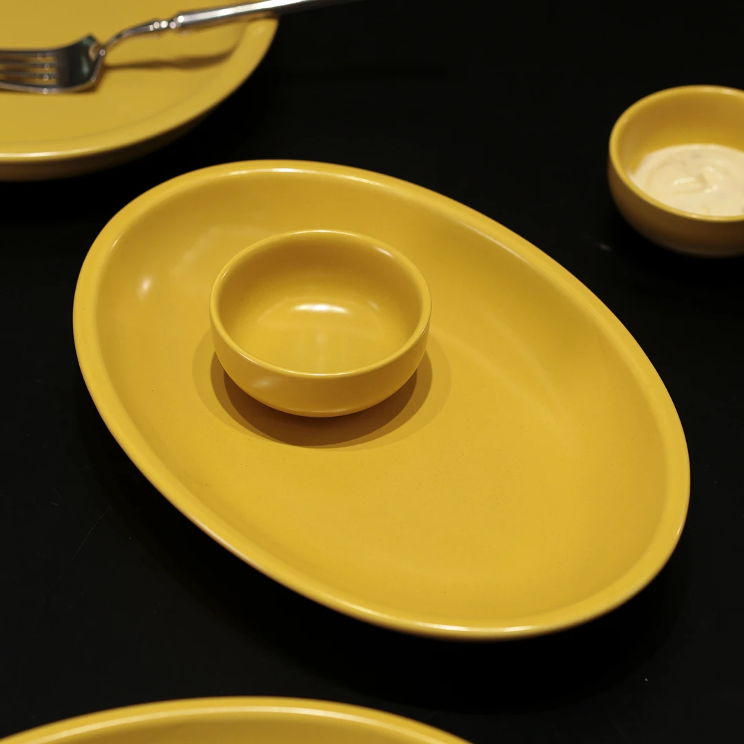 雾面釉黄绿椭圆炒菜沙拉盘 精致实用家用餐盘