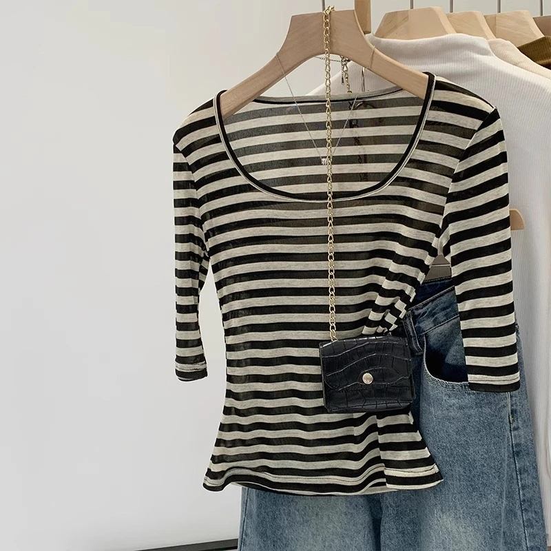 莱赛尔条纹正肩短袖T恤女夏2025新款五分袖漂亮修身中袖上衣