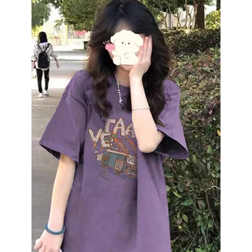 FAVMARTHA纯棉紫色正肩短袖t恤女2025新款夏季宽松美式半袖设计感