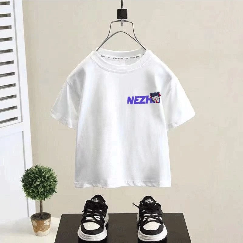 儿童哪吒100纯棉国潮风拼接新款短袖T恤百搭夏季男女宽松休闲上衣