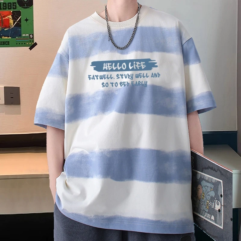 100%纯棉扎染条纹短袖t恤男女同款宽松大码上衣美式潮牌字母半袖