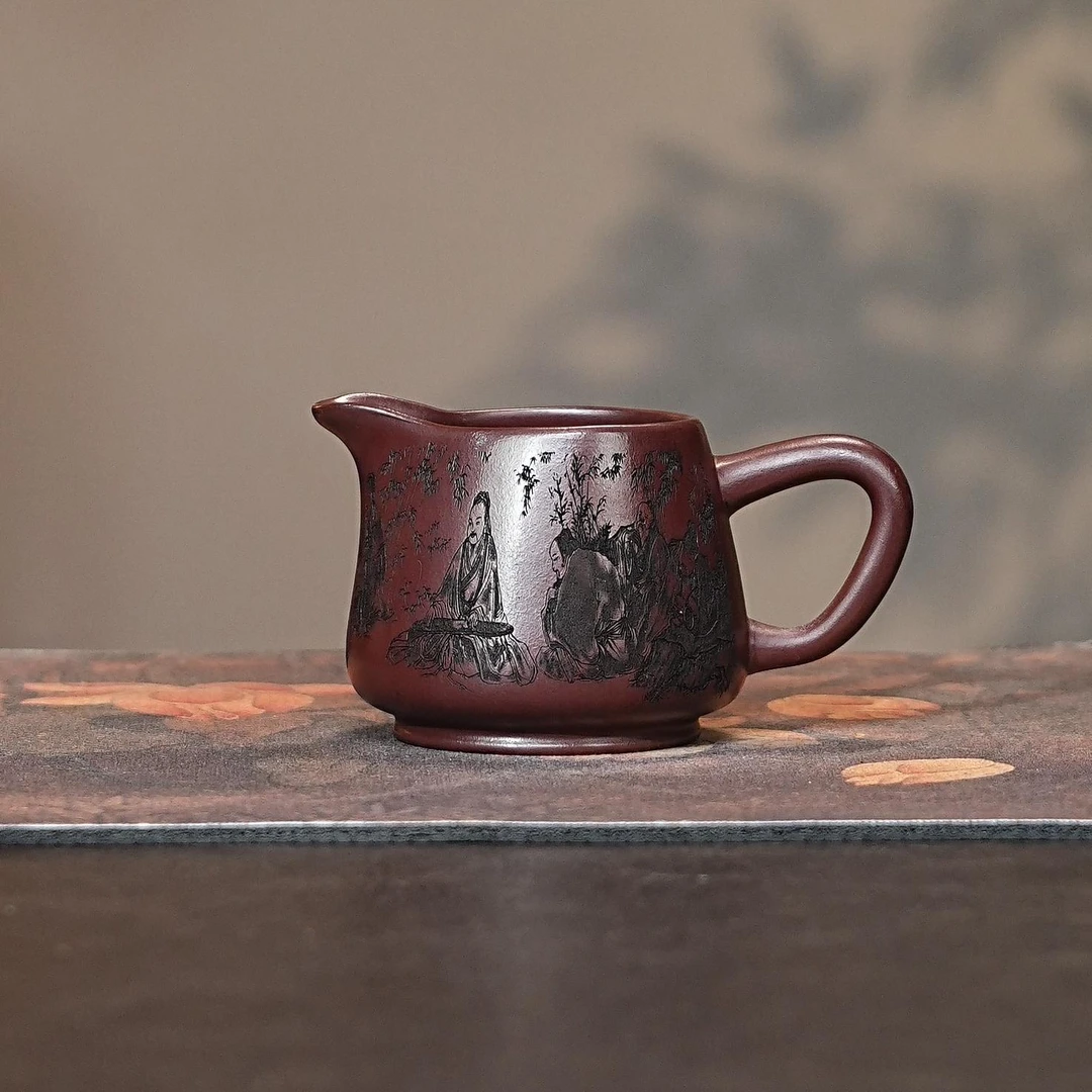 宜兴紫砂茶具 原矿龙血砂泥料刻绘竹林七贤公道杯品茗杯
