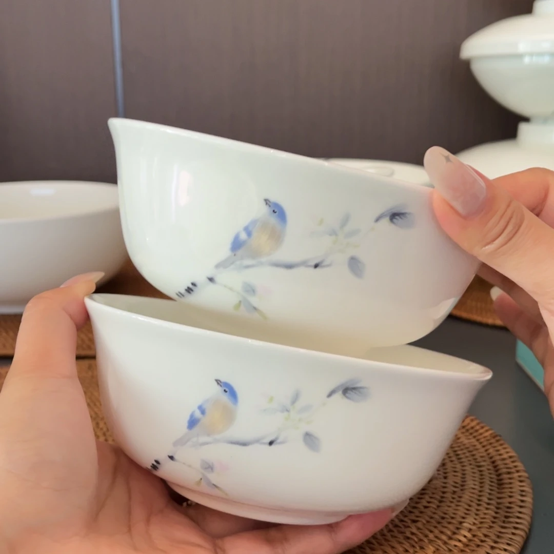 瓷片春风禾雀6寸碗2只