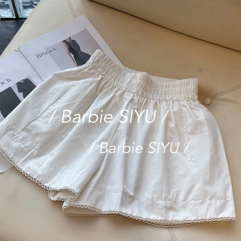Barbie Siyu 【奶油阔步】夏季韩版松紧高腰下摆镂空花边短裤