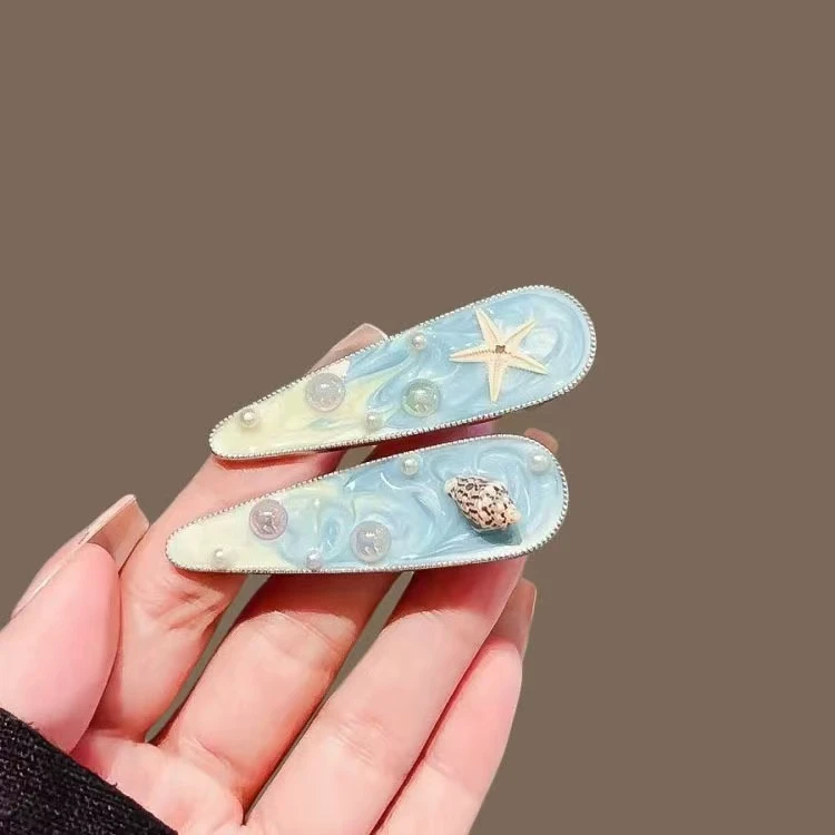 蓝色夏日海洋贝壳鸭嘴夹甜美金属碎发夹高级侧边夹刘海夹发卡头饰