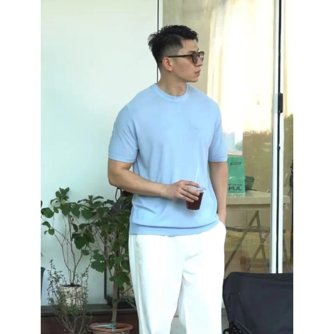 绅格senge 夏季圆领羊绒打底衫短袖针织凉感亲肤显瘦显肩宽T恤