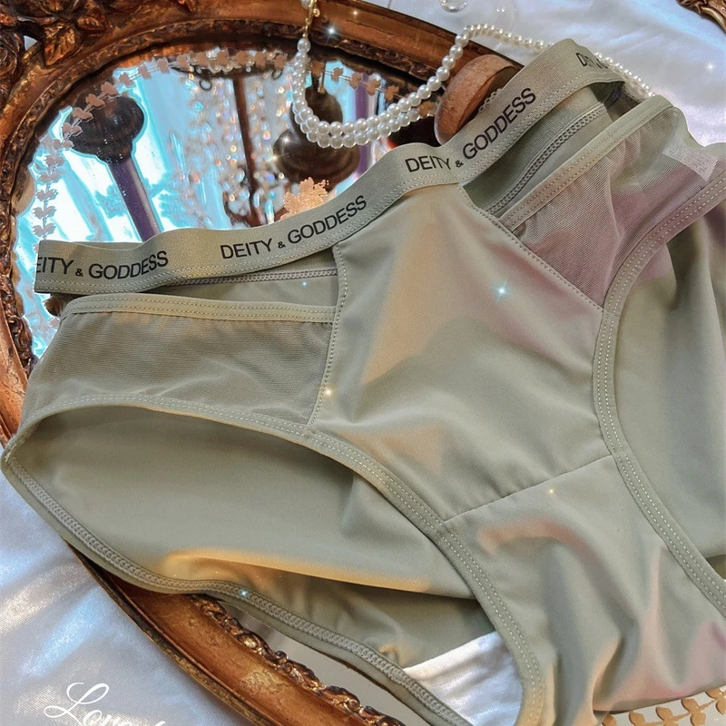 薄荷烟*运动风牛奶丝简约字母性感镂空网纱夏季薄款三角内裤女