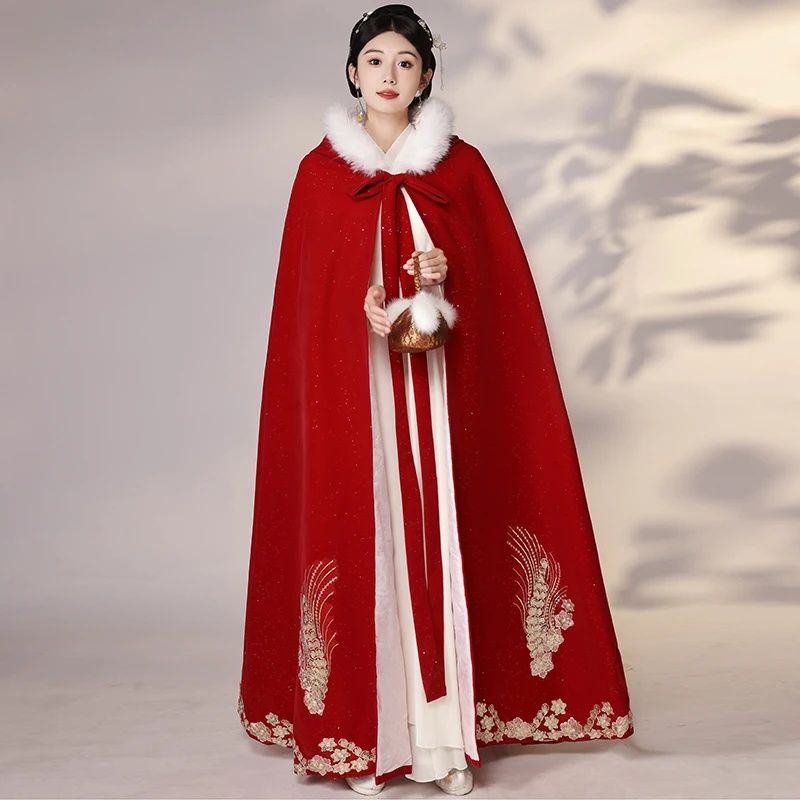 汉服披风女冬季长款古风新娘秀禾结婚大氅斗篷加厚加绒红色披肩