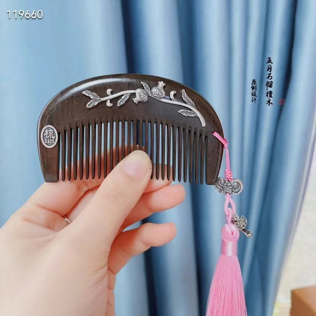 【黄飞达原创】s925纯银“雀上枝头”檀木梳子 长形发梳 送礼物饰品
